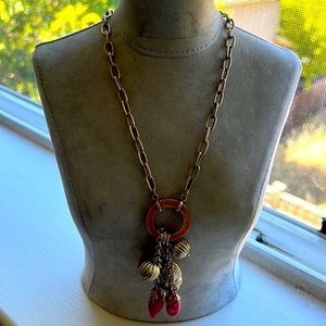 NWOT matte gold chain with coral beads and gold charm pendant